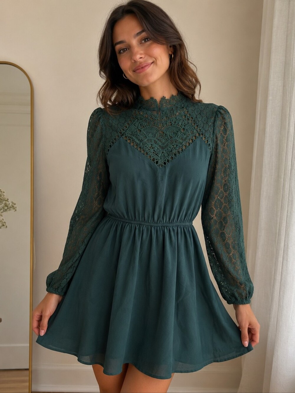 Shein Dark Green Lace-Bodice Long-Sleeve Mini Dress